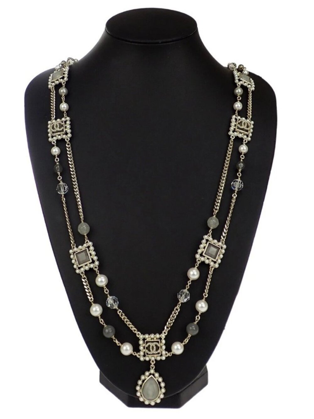 CHANEL CC Imitation Pearl Chain Long Necklace Color Stone G21V Gold 685LC023
